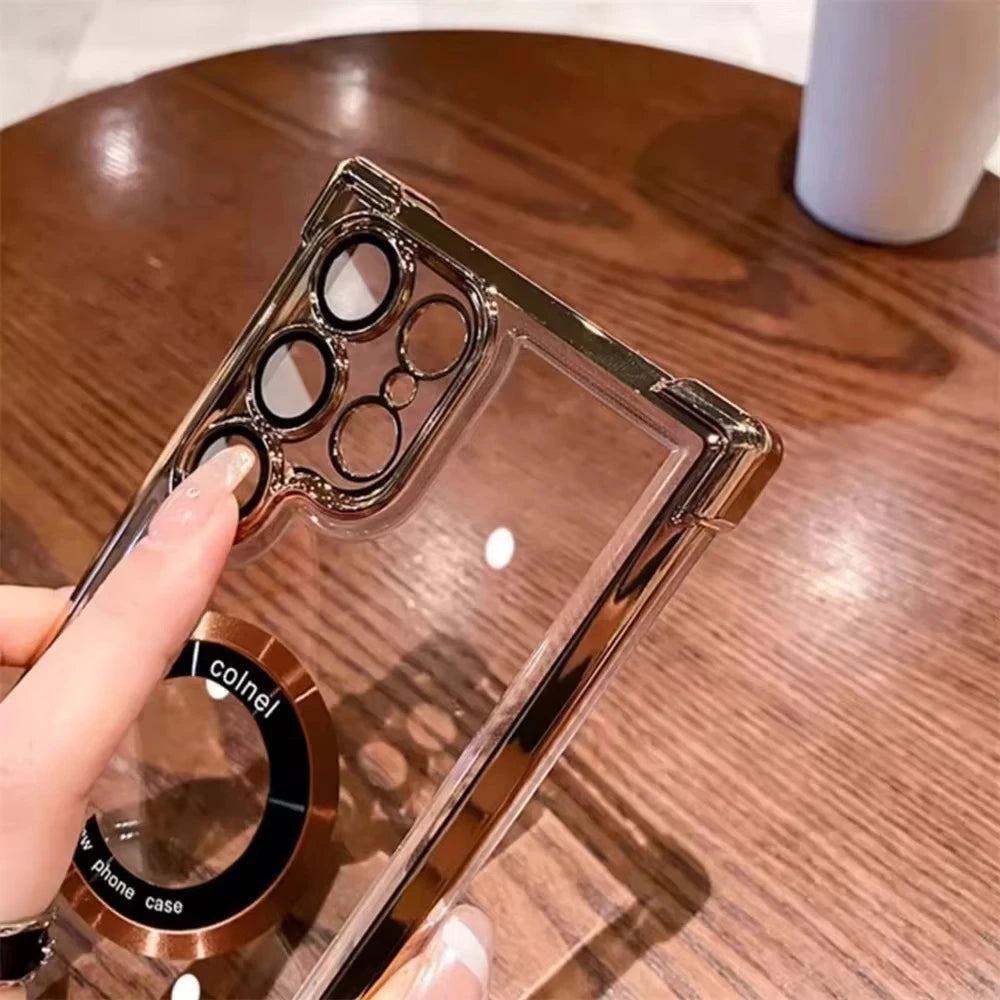 For Magsafe Plating Clear Phone Cases For Samsung Galaxy S26 S25 S24 Ultra S23 Plus Magnetic Corners Airbags Shockproof Cover