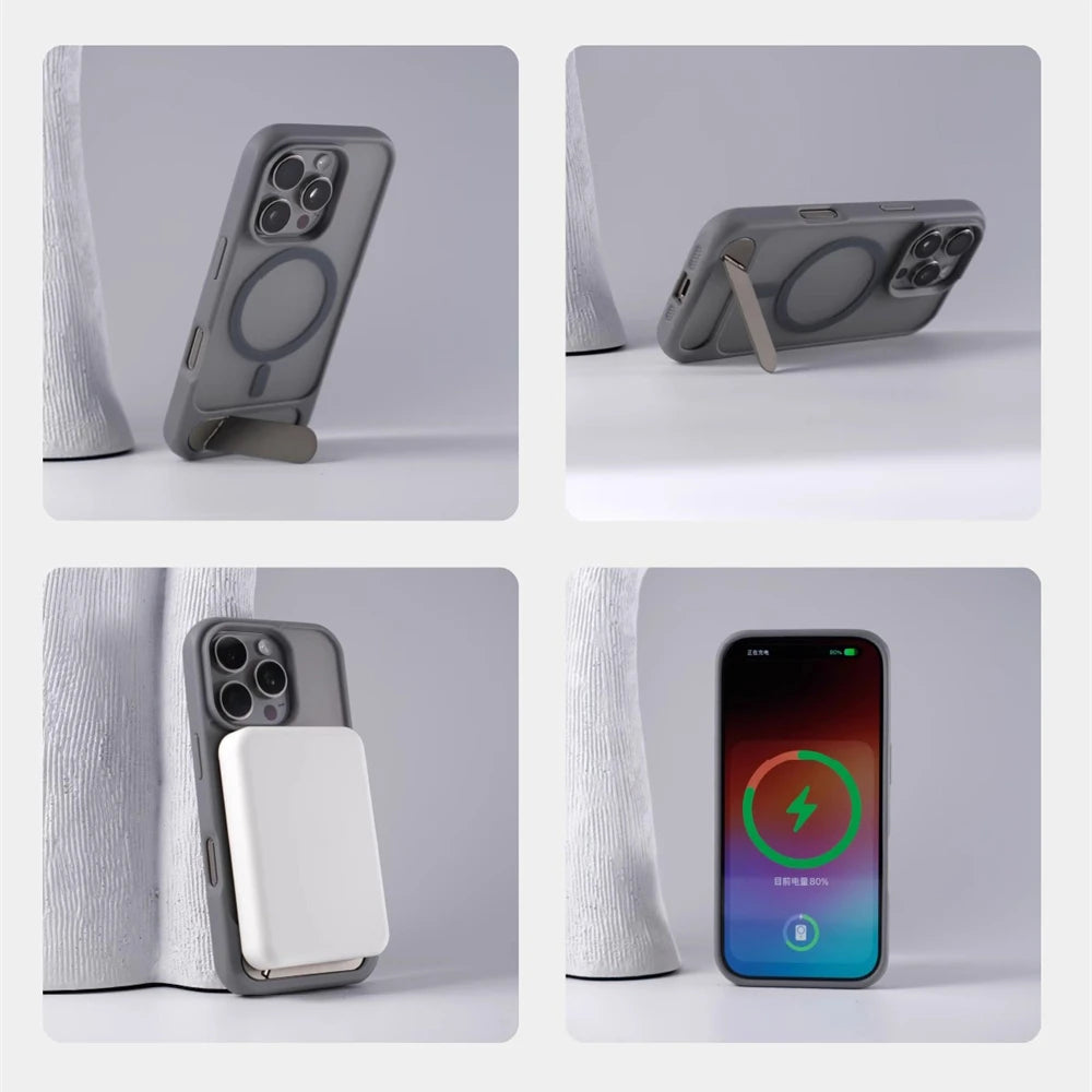 Invisible Metal Stand Magnetic Bumper Case For iPhone 17 16 Pro Max 15 14 Plus 13 For MagSafe Wireless Charge Shockproof Cover