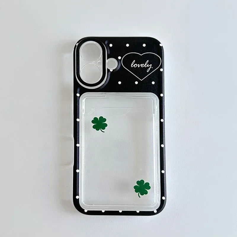 Korean ins Cute Polka Dot Cartoon Clover Card Set Phone Case For iPhone 17 AIR 16 15 14 13 12 11 Pro XR Max 7 8 Plus Y2K Cover ﻿