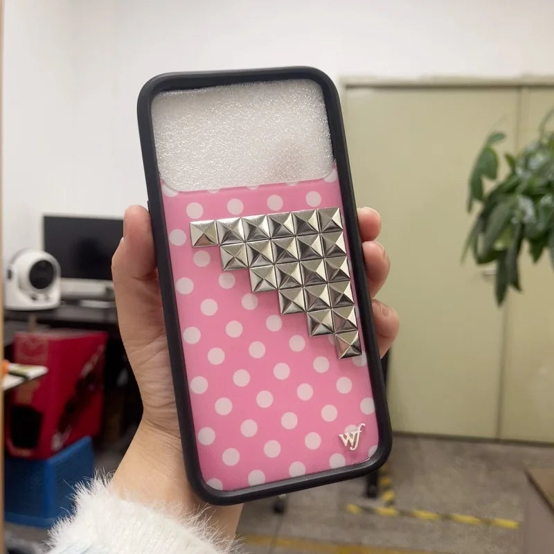 Wildflower 3D silver solid rivet Black white brown yellow Polka Dots Phone case For iPhone 13 12 14 15 16 17 Pro Max Plus Cover﻿