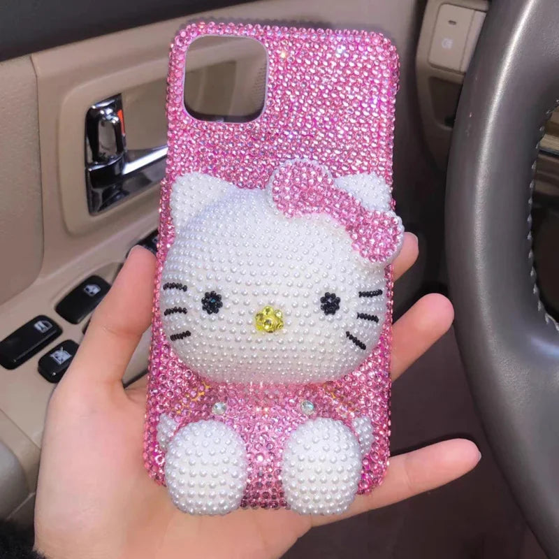 Hello Kitty Rhinestone Bling Crystal Phone Case Chain For iPhone17 16 15 14 13 12 11Pro Max X Xs XR 7 8 Plus Transparent Bumper