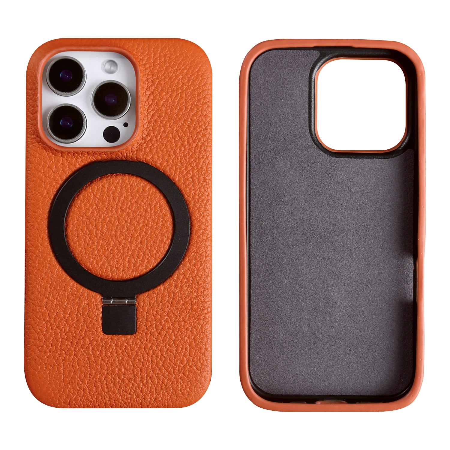 Magnetic Bracket Ring Lychee Genuine Leather Case For iphone 16 17 Pro Max 16e Air 14 15 Plus 7 8 12 13 Mini XS Phone Back Cover