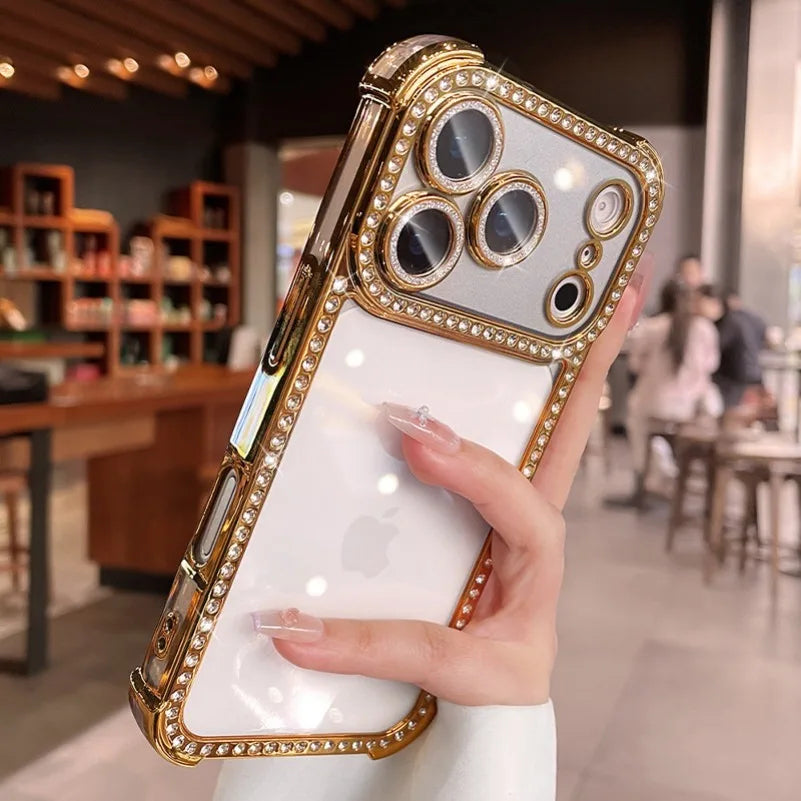 Airbag Bling Diamond Bumper Case For iPhone 17 16 15 14 13 Pro Max Glass Lens Film Transparent Plating Soft 17 16 ProMax Cover