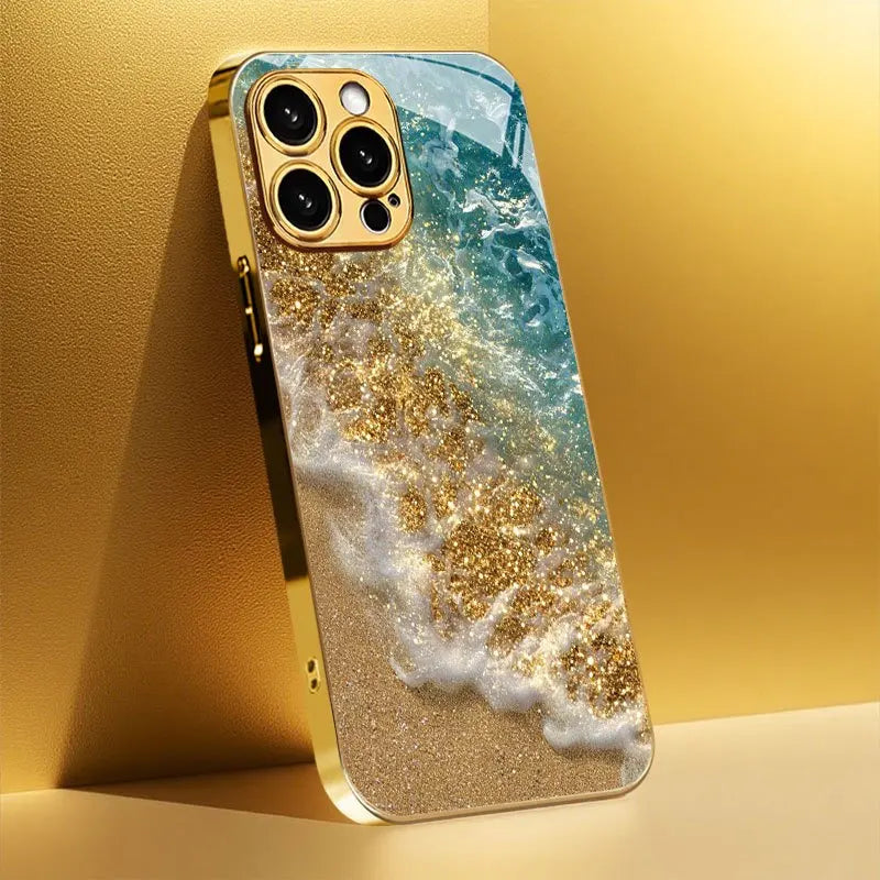 The new seaside beach pattern electroplated glass phone case is suitable for iPhone 17, 16, 15, 14, 13, 12, 11, etc.