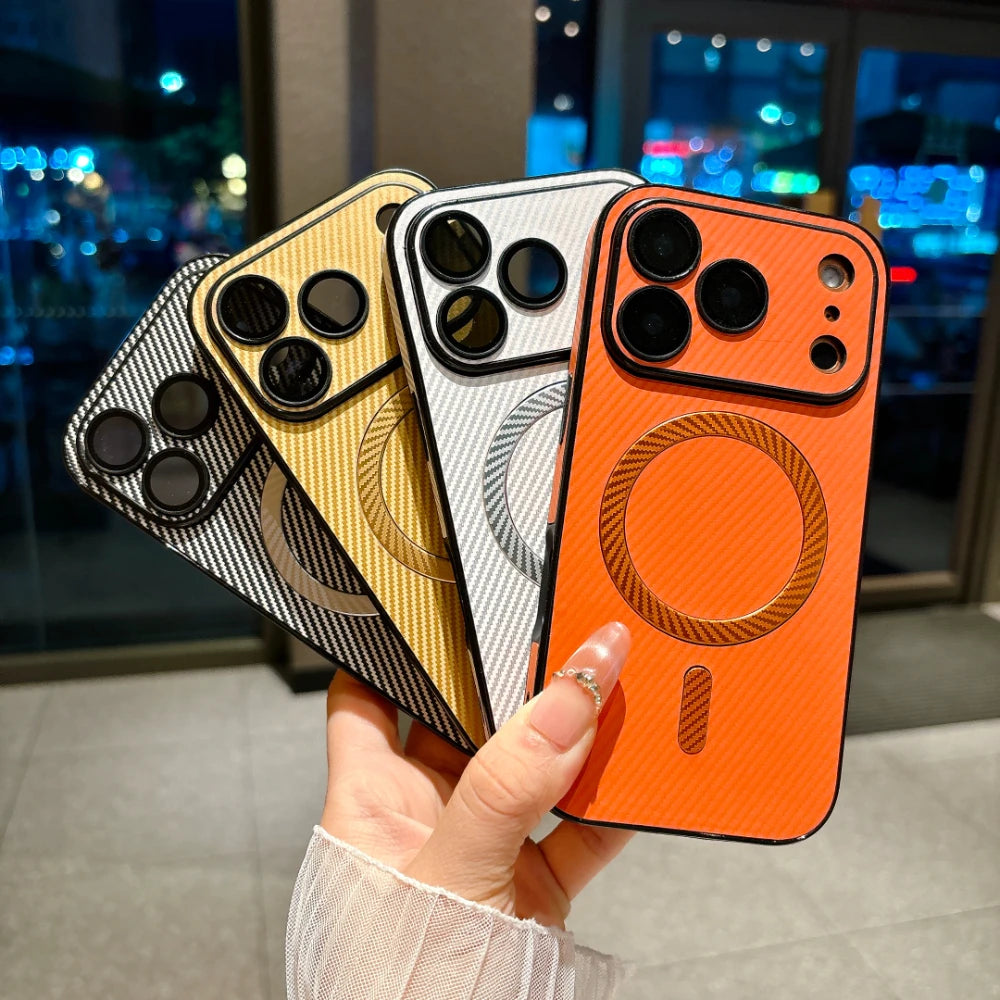 Luxury Magnetic Matte Carbon Fiber  Leather Phone Case for IPhone 17 16 15 14 13 Pro Max for Magsafe Protective  Cases Cover