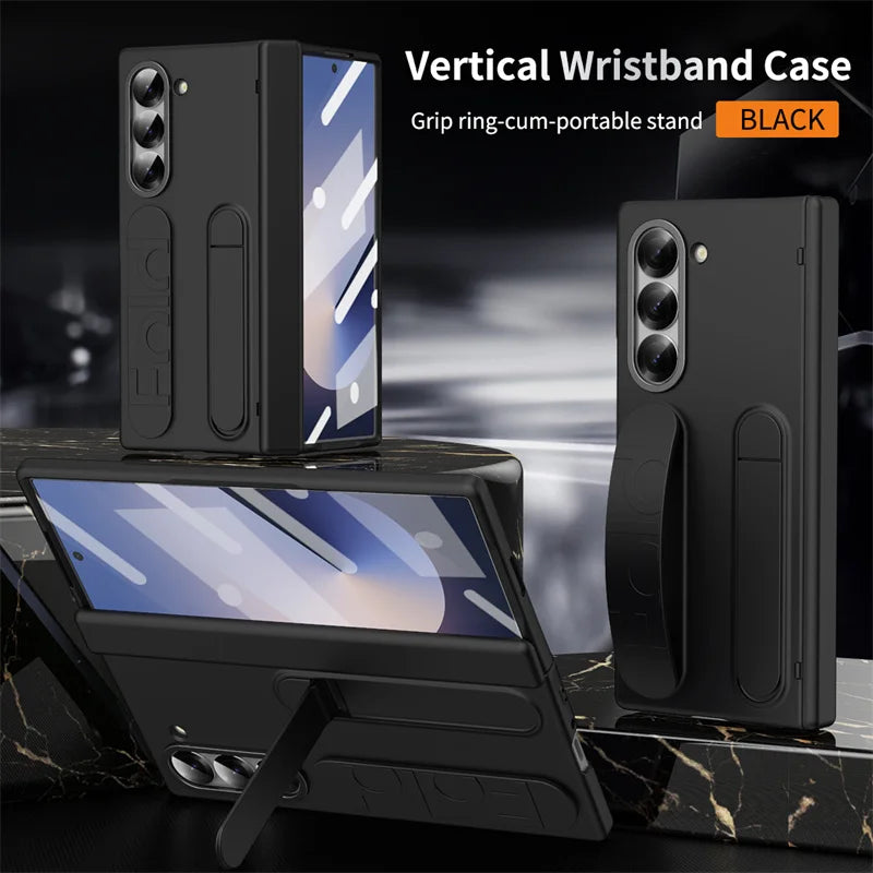 Wristband Holder Hinge Phone Case For Samsung Galaxy Z Fold 8Ultra 8 7 6 5 4 3 5G With Pen Slot & S Pen Screen Protect Film Cove