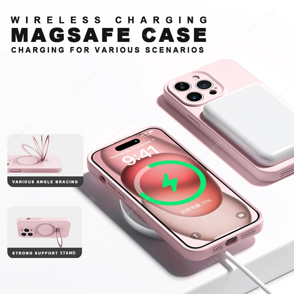 Ring Holder Magnetic Phone Case For iPhone 17 Air 13 14 15 16 Pro Max Magsafe Liduid Silicone Stand Shockproof Protector Cover