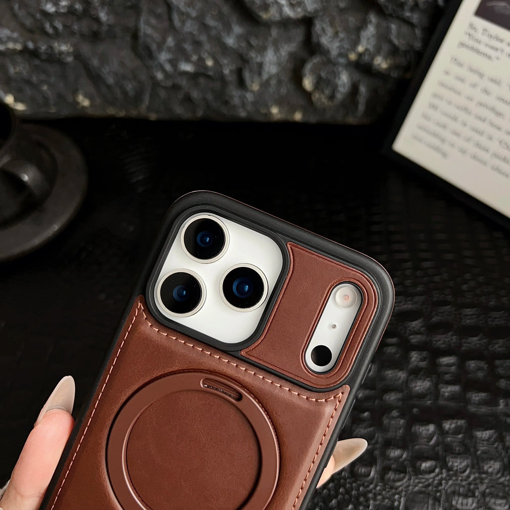 Luxury Magnetic Bracket Ring PU Leather Phone Case, For IPhone 17 16 15 Pro Max Air Magsafe Wireless Charging Hollow Logo Cover