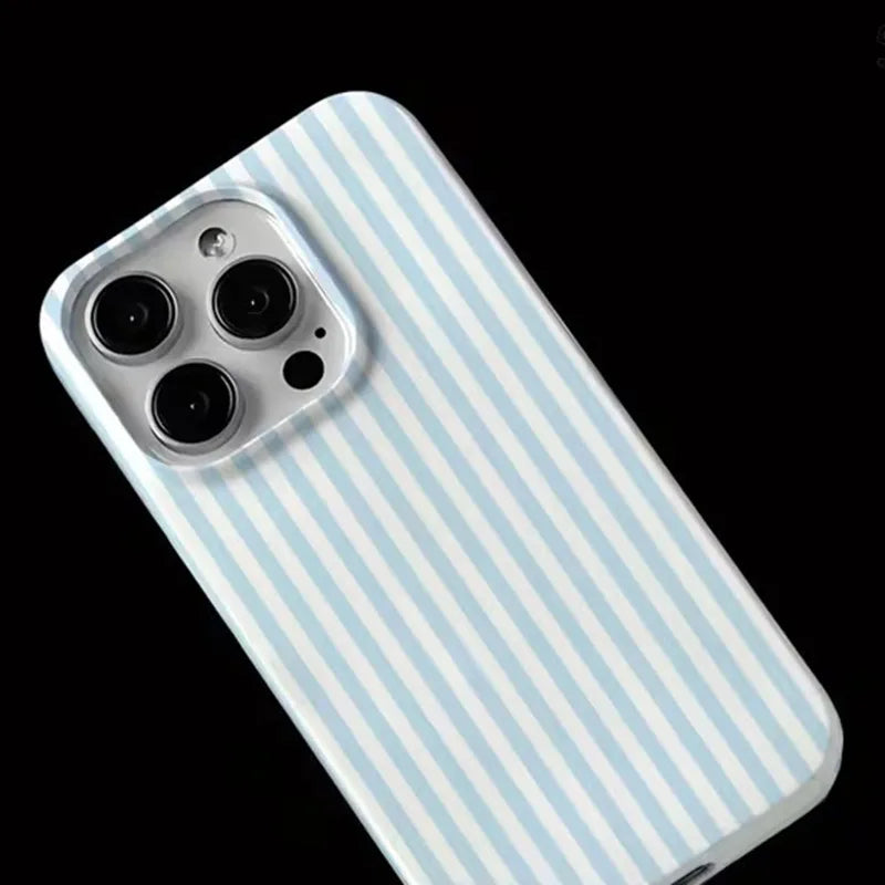 Fresh Blue and White Striped Glossy Phone Case for iPhone 11 12 13 14 15 16 17 Pro Max 17 Air 16E Soft Casing Shockproof Cover