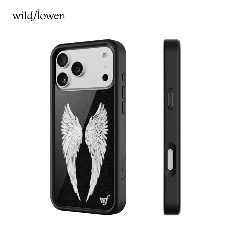 Wildflower INS Angel Baby Black Phone Case for iPhone 11 12 13 14 15 16 17 Pro Max Plus WF fashion Pink Wings shockproof Cover﻿﻿