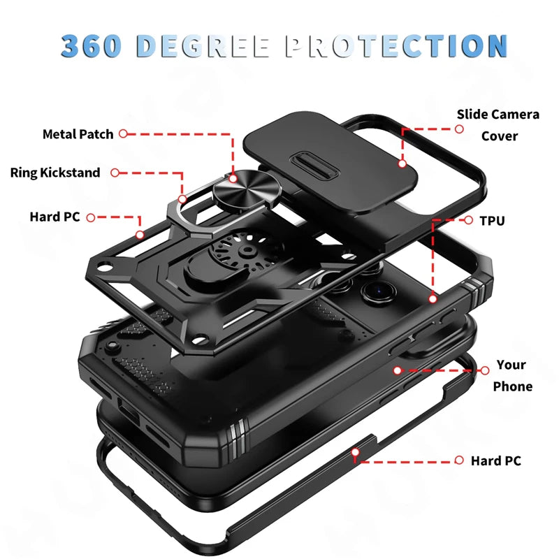 360 Degree Rotate Military Grade Armor Protection Phone Case For iPhone 17 13 15 14 16 11 12 Pro Max Plus Air Camera Slide Cover