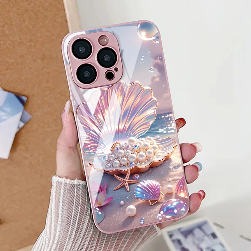 Colored Seashells Tempered Glass Phone Case For iPhone 17 Pro 16 15 17 13 Pro Max 12 11 13 14 Case Cover Shockproof Luxury Pearl