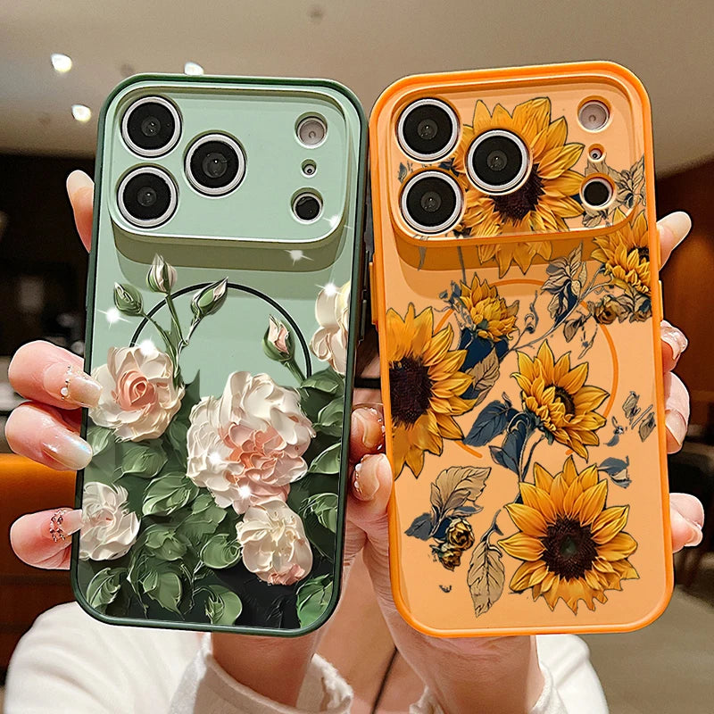 Realistic Flower Pattern Magnetic Case For iPhone 17 16 15 14 13 Pro Max For Magsafe Wireless Charge Shockproof Hard Phone Cover