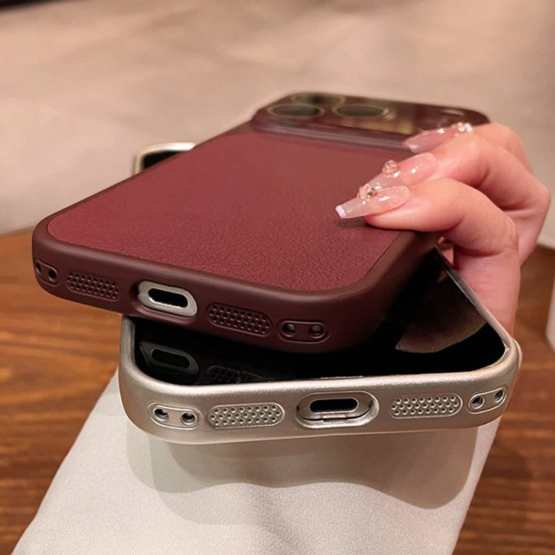 Luxury Litchi Leather Case for iPhone 17 16 15 14 Pro Max iPhone 13 Glass Large Window Shockproof Armor Bumper Plating Cover