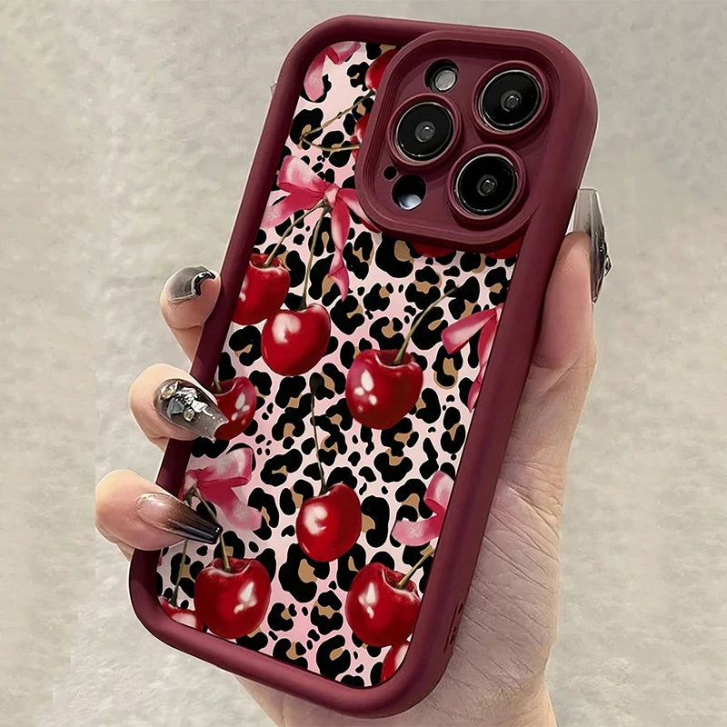 Butterfly Leopard Cherry Pattern Shockproof Silicone Phone Case For iPhone 17 16 Pro Max XS XR 7 8 14 15 Plus 13 12 11 16e Cover