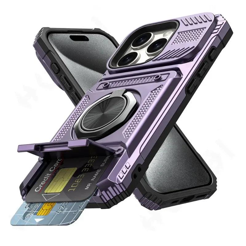 Military Quality Case for iPhone 11 13 14 15 16 Pro Max Magnetic Rotated Ring Kickstand Heavy Duty Drop Protection Wallet Cover