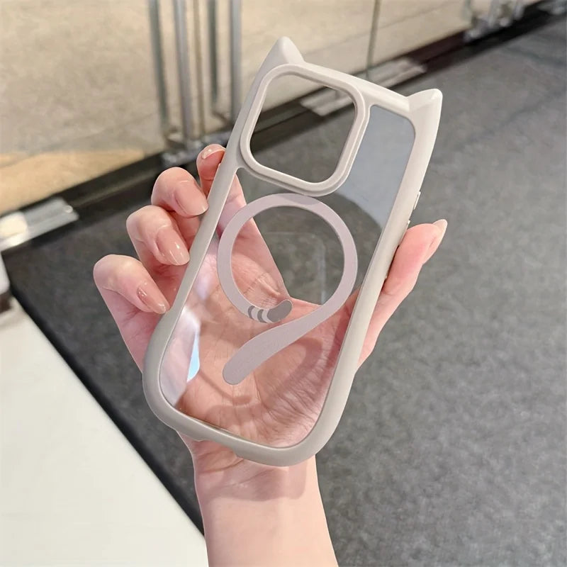 Magnetic Suction Cat Tail Transparent Frosted Case for iPhone 16 15 14 Plus 13 12 Mini 11 Pro Max Anti Fall Large Hole Cover