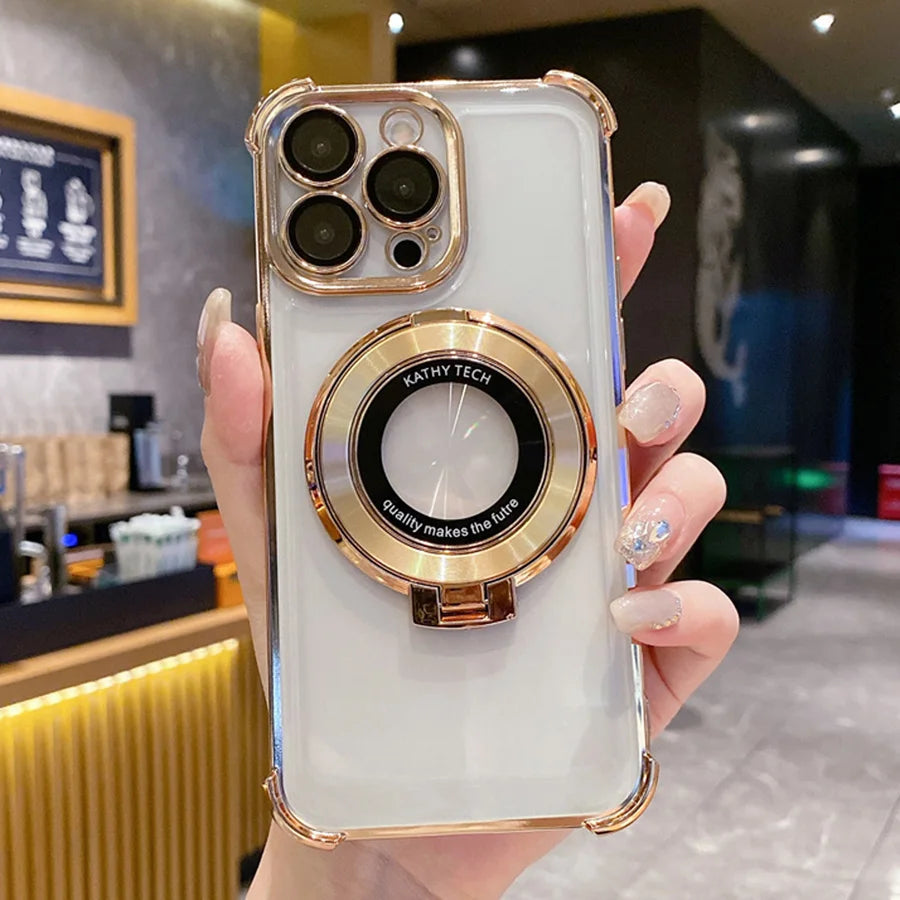 Luxury Plating Shockproof Magnetic Bracket For Magsafe Clear Case For iPhone 17 16 15 14 13 12 Pro Max With Holder Stand Cover