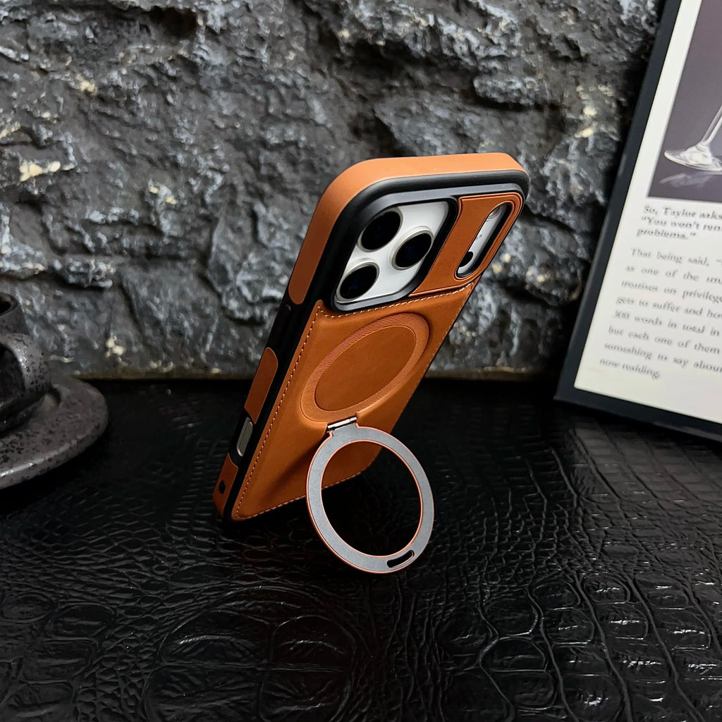 Luxury Magnetic Bracket Ring PU Leather Phone Case, For IPhone 17 16 15 Pro Max Air Magsafe Wireless Charging Hollow Logo Cover