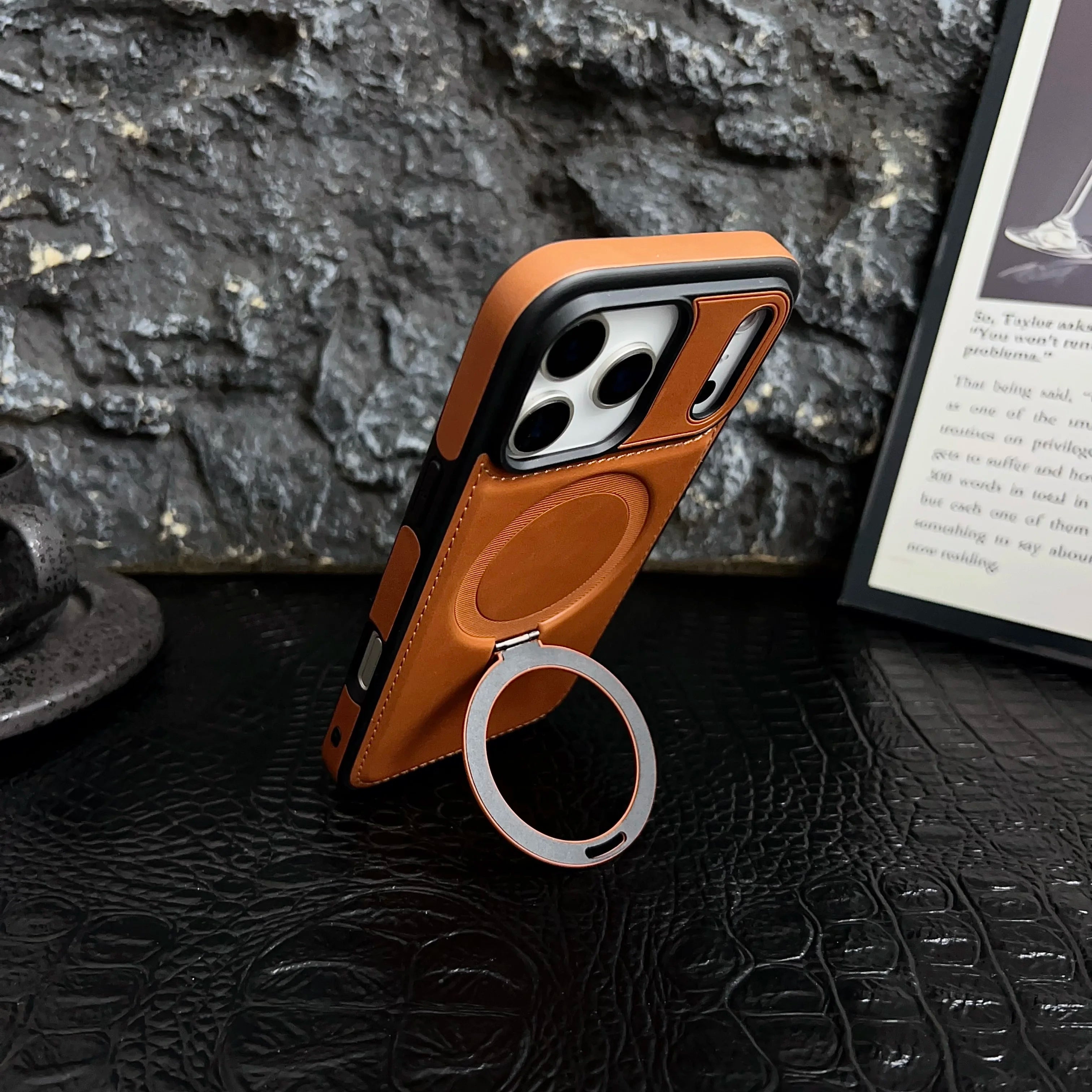 Luxury Magnetic Bracket Ring PU Leather Phone Case, For IPhone 17 16 15 Pro Max Air Magsafe Wireless Charging Hollow Logo Cover
