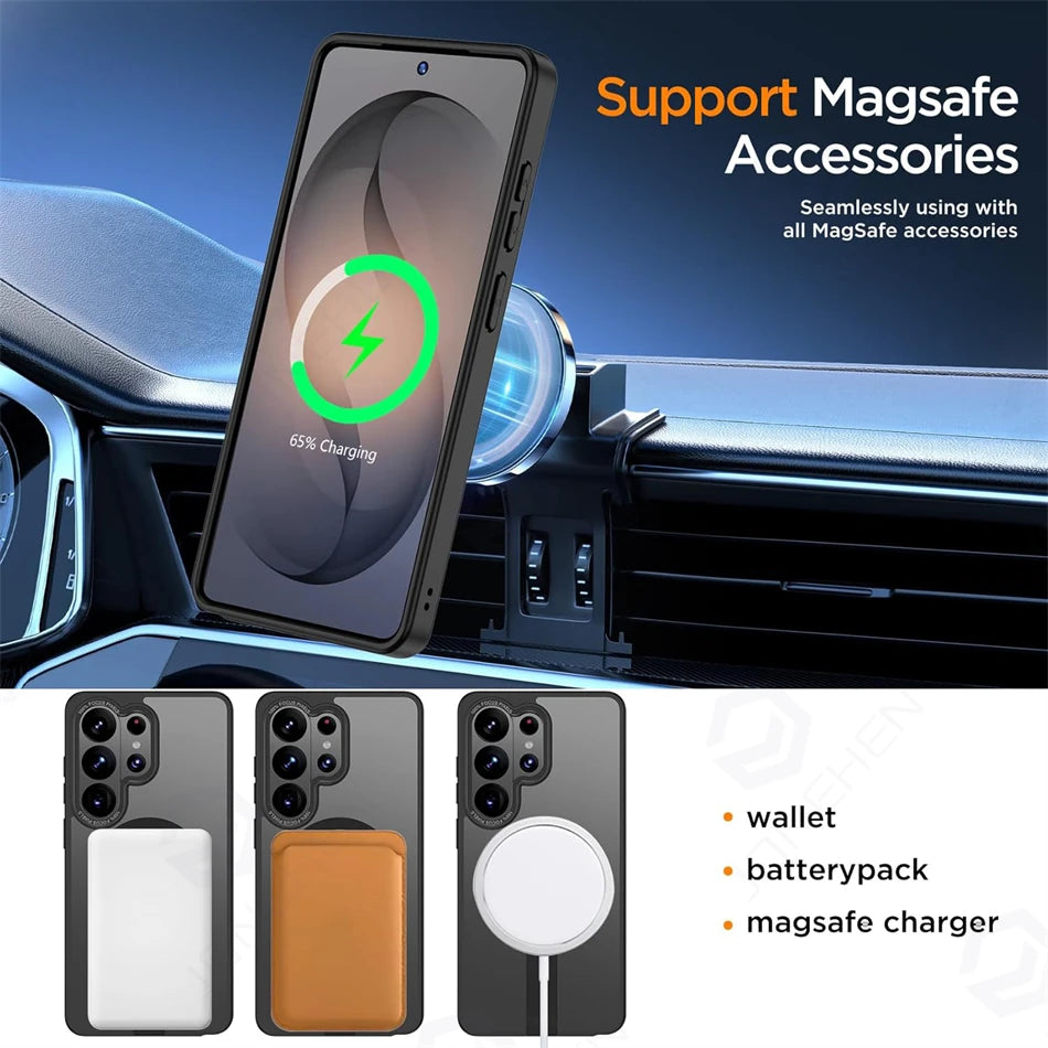 Luxury For Magsafe Wireless Magnetic Charging Case For Samsung Galaxy S25 Plus S24 S23 S26 Ultra S24 FE Stand Holder Clear Cover