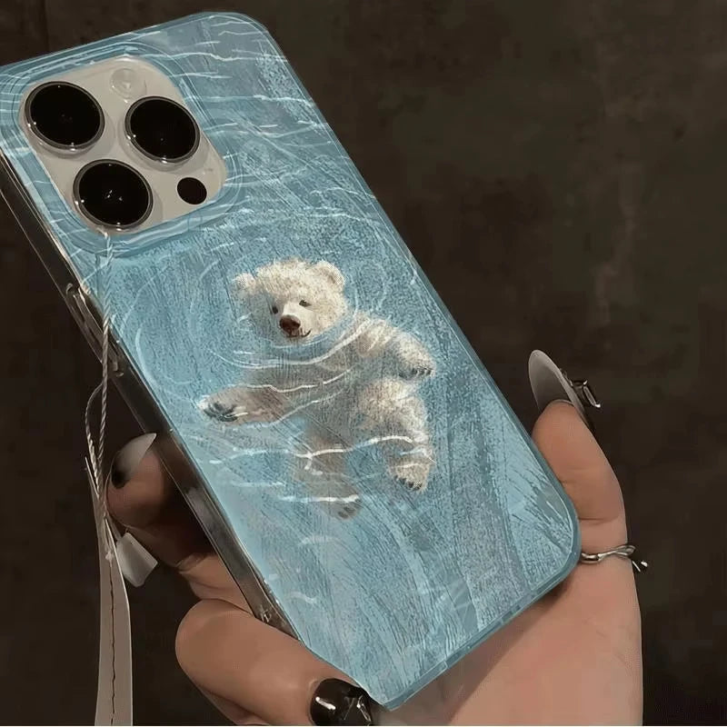 Summer Fresh Cute Swimming Bear Cartoon Creative Kawaii Phone Case For iPhone 17 16 15 14 13 12 11 Pro Max 7 8 Plus Y2K Cover