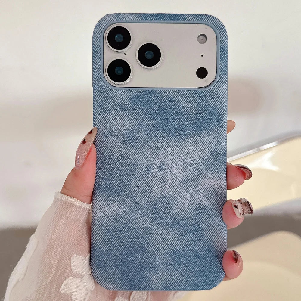 Luxury Retro Denim Tie Dye Fabric Case For iPhone 17 Air 16 15 14 Plus 13 12 11 Pro Max 17Pro Borderless Shockproof Hard Cover