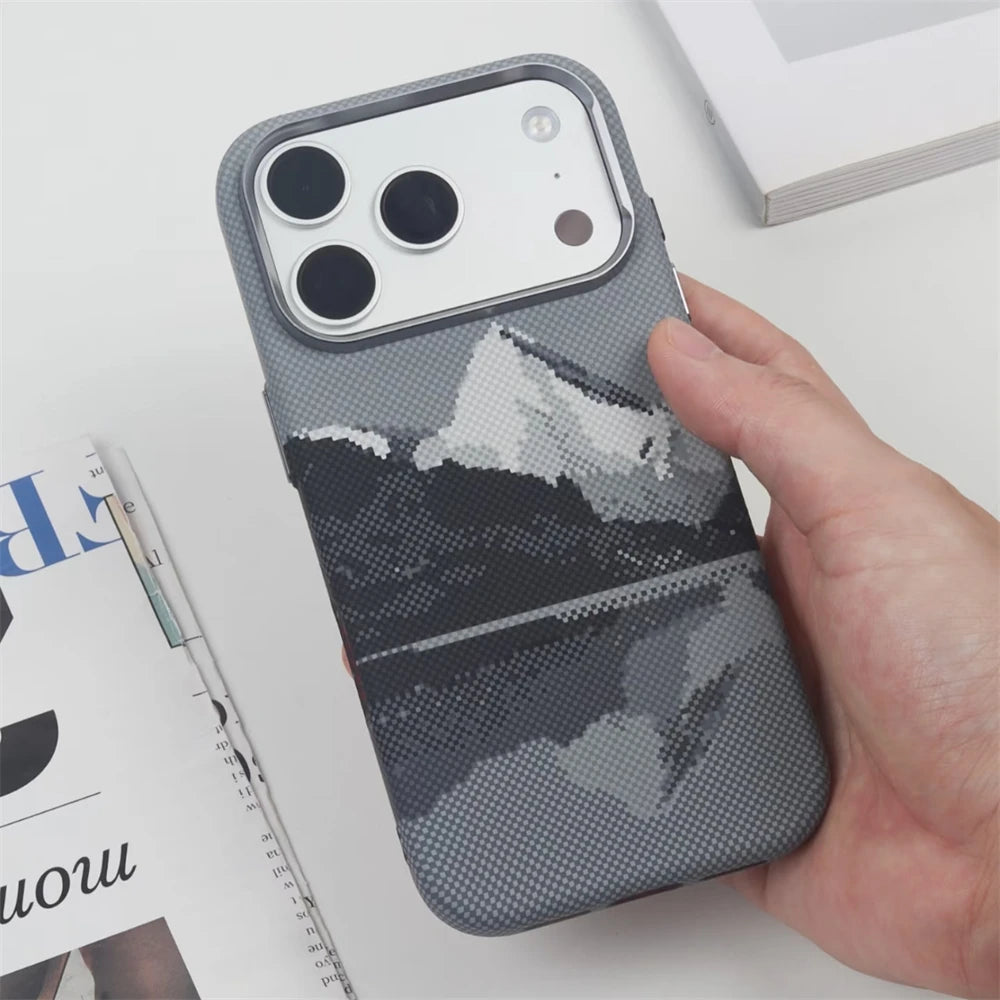For iPhone 17 16 15 14 13 12 Pro Max Mountain Relief Carbon Fiber Texture MagSafe Phone Case Wireless Charging Matte Hard Cover