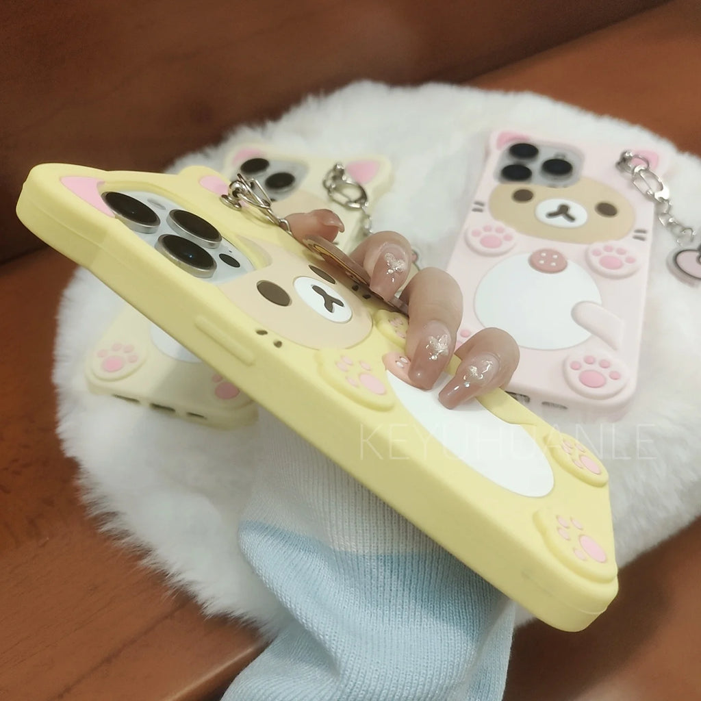Cute Cartoon 3D Rilakkuma Phone Case For iPhone 17 16 15 14 13 12 11 Pro X XS Max XR 6 7 8 Plus 5 5S SE Key Chain Pendant Cover