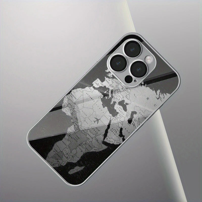 Minimalist Creative World Map Design Glass Electroplated Phone Case For iPhone 11 12 13 14 15 16 17 Pro Max Plus 16E 17Air Cover