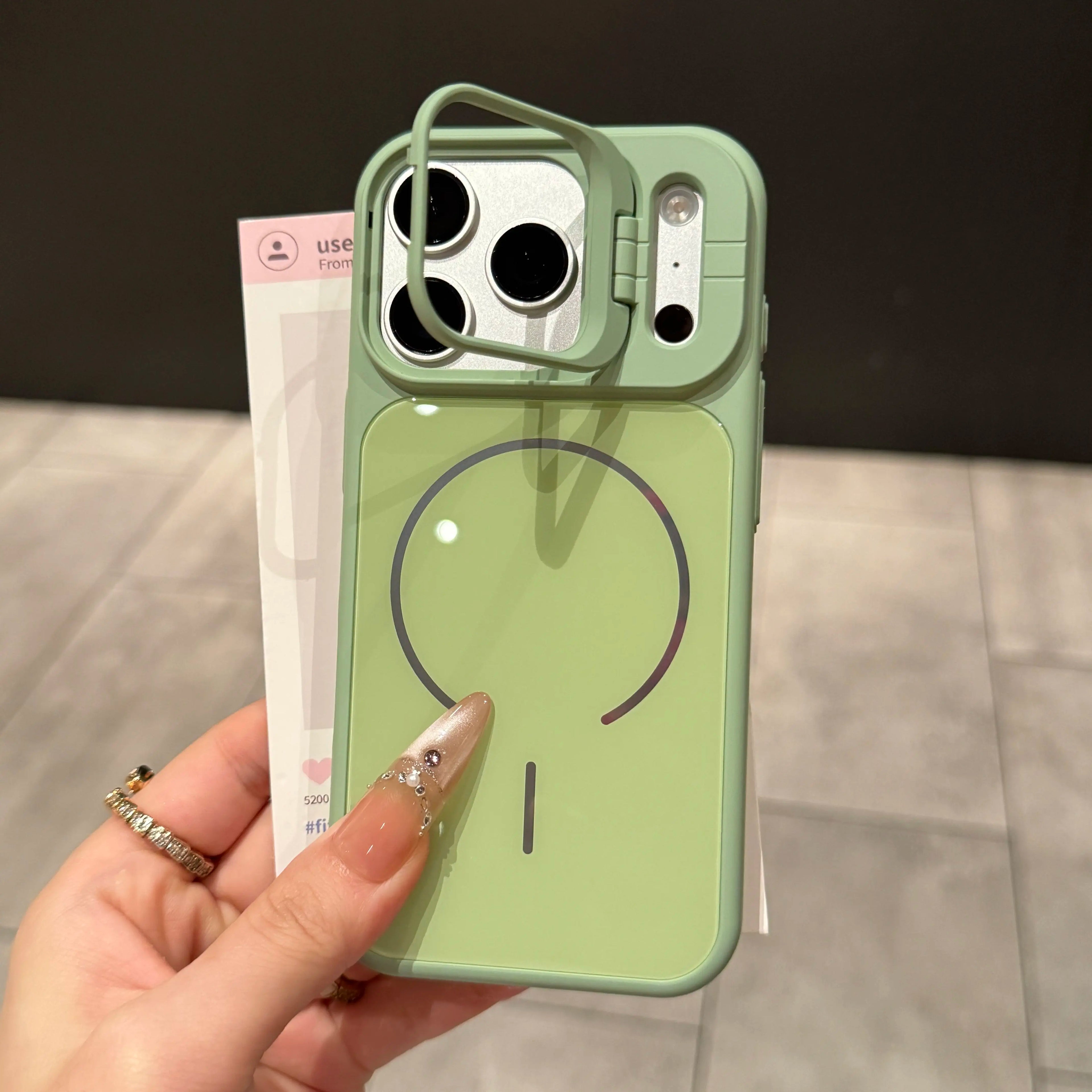 Luxury Glass Back Panel Camera Stand Holder For Magsafe Case For iPhone 17 Pro Max 11 12 14 13 15 16 Pro Shockproof Back Cover