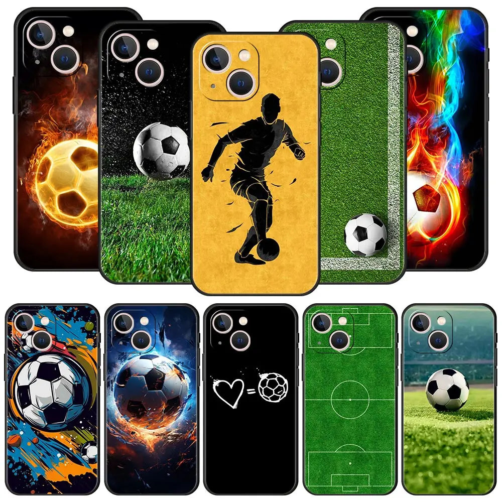 Football Passion Soccer Ball Luxury Phone Case For iPhone 13 15 14 12 Mini 11 Pro MAX XR X SE XS 7 8 Plus Black Protection Cover