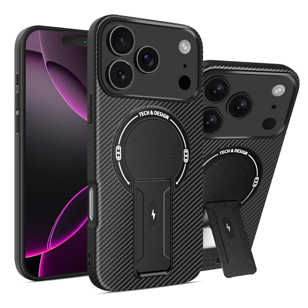 Luxury Carbon Fiber Pattern Fold Stand Magnetic Phone Case For iPhone 16 17 Pro Max Air 16e 15 14 Plus 13 12 11 Military Cover