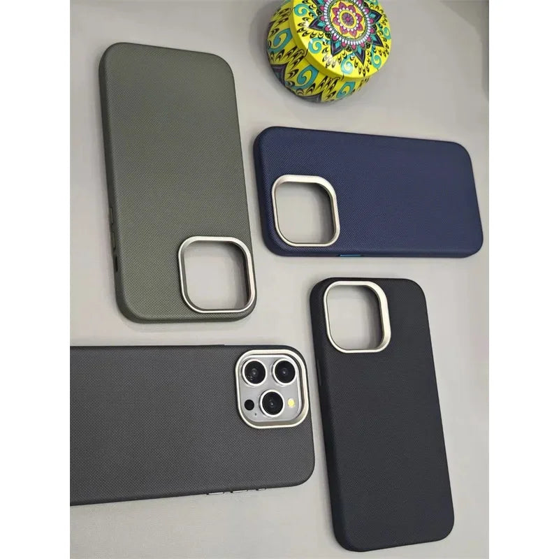 Luxury Diamonds Texture For Magsafe Leather Case For iPhone 17 13 14 15 16 Pro Max Alloy Len Wireless Charge Back Cover