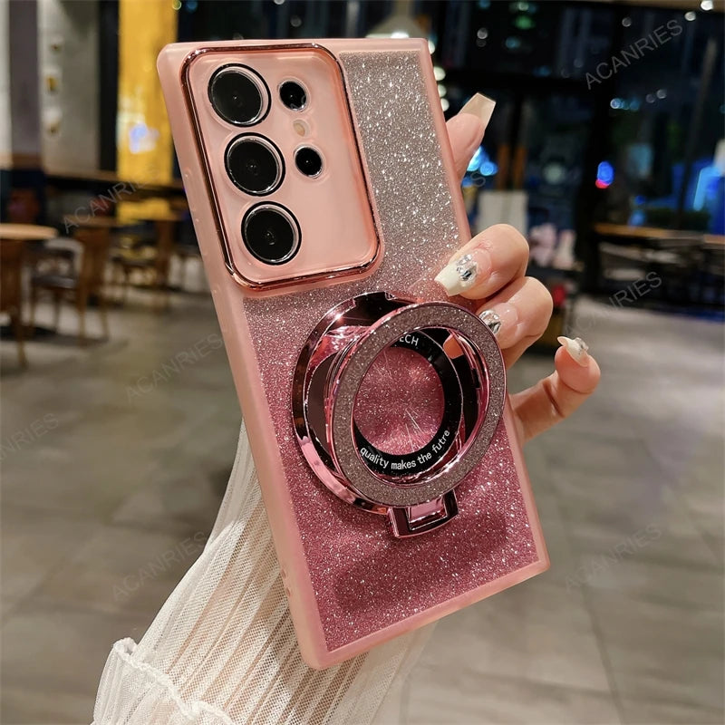 For Samsung Galaxy S25 S24 S23 S21 Fe S22 Ultra Plus 5G Glitter Clear Silicone Soft Case S 25 24 23 22 21 Magnetic Bracket Cover