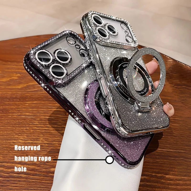 Plating For Magsafe Magnetic Stand Holder Rhinestones Case For iPhone 17 Pro Max 16 11 12 13 14 15 Plus Diamond Bumper Cover