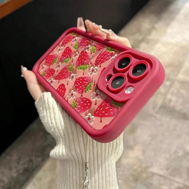 Red Strawberry With Pendant Case For Iphone 17 16 Pro Max 17 Air 16e 15 14 13 12 11 Pro Max  14 15 16 Plus Summer Fruit Casing