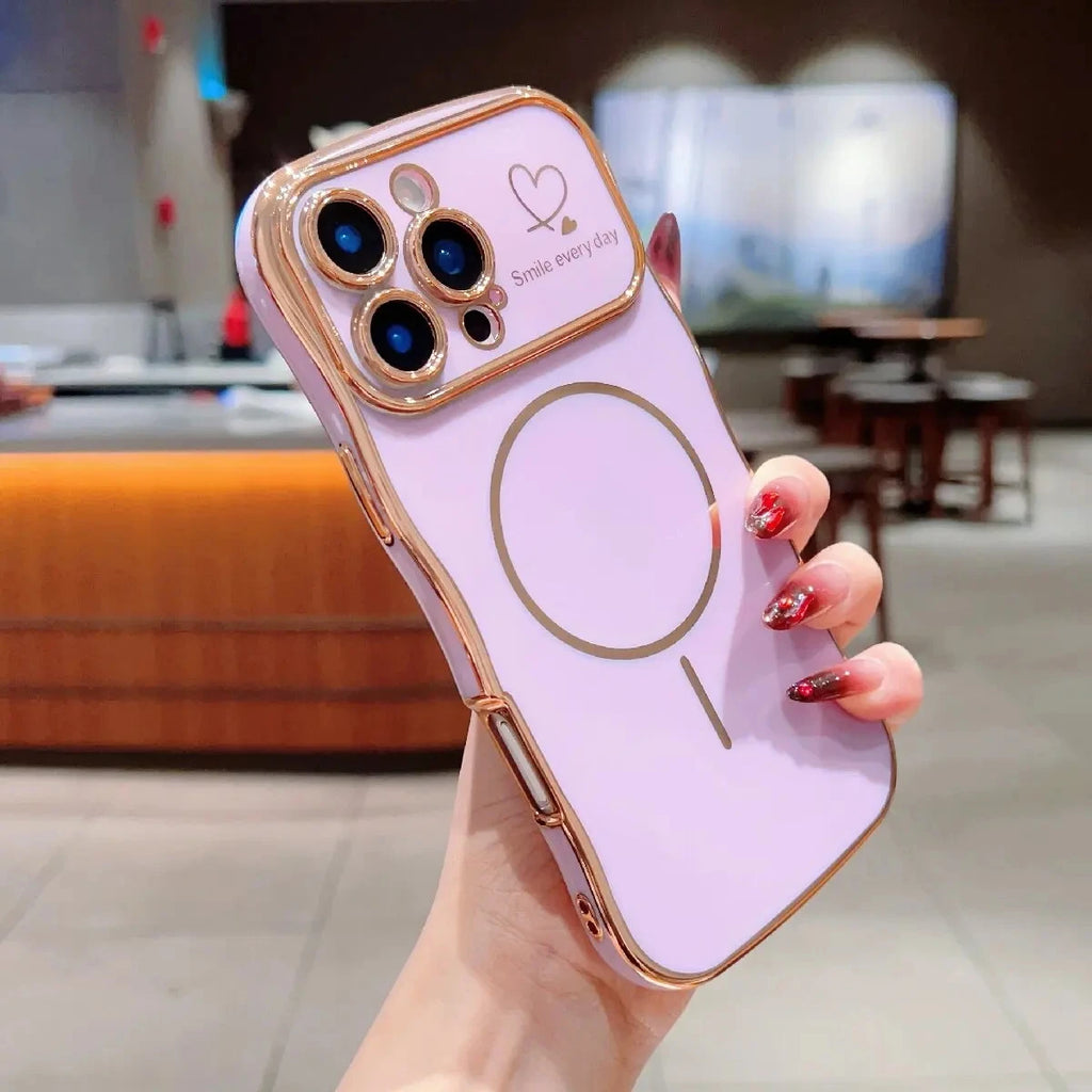 Wave Love Heart Electroplating For Magsafe Case For iPhone 11 12 13 14 15 16 17 Pro Max Air Plus Magnetic Wirelesss Charge Cover