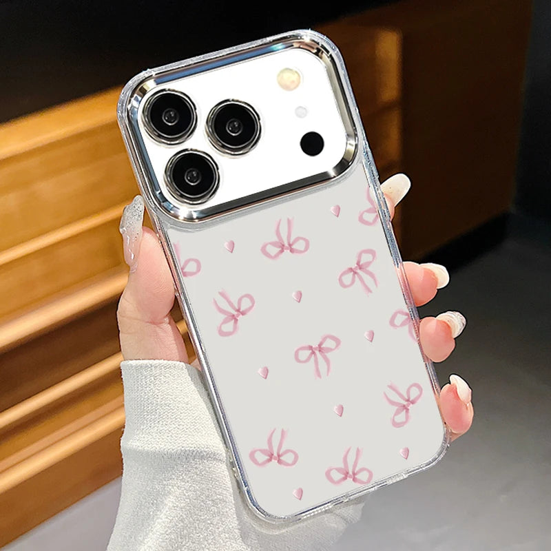 Cute Pink Bow Pattern Transparent Phone Case For iPhone 17 16 15 14 13 12 Pro Max 17 Pro Air 12 11 Plating Lens Frame Soft Cover