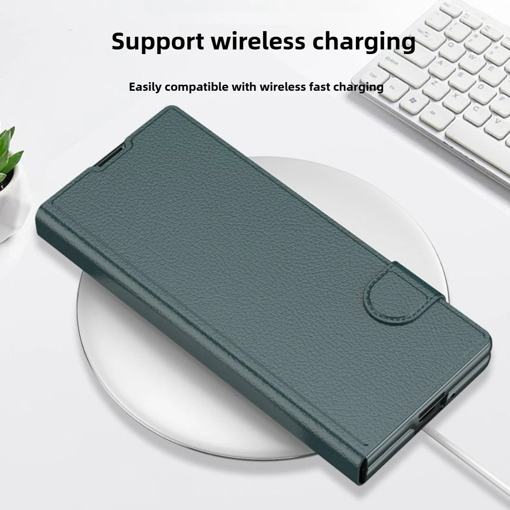 Magnetic Buckle Card Holder Flip Phone Case + Film for Samsung Galaxy Z Fold 7 Zfold 6 Wireless Charging Leather Thin Hard Cover