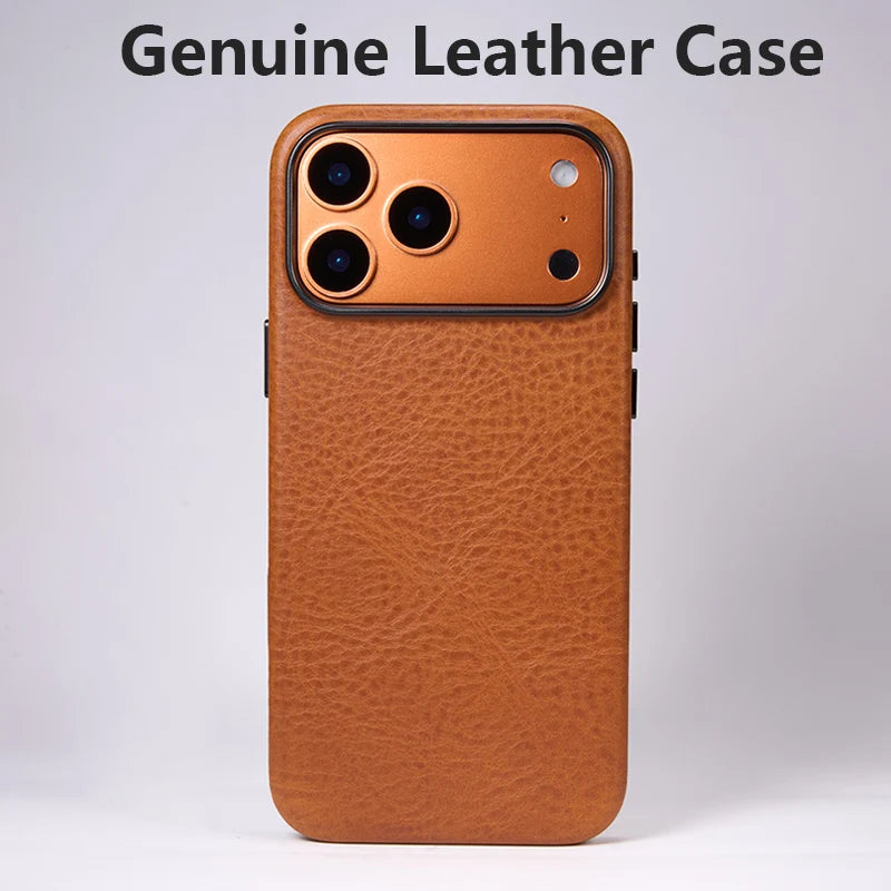 Italian Cow Leather For iPhone 17 Pro Max Case Leather Phone Back Cover For iPhone 17 Pro Max Magnetic Camera Button Brown Blue