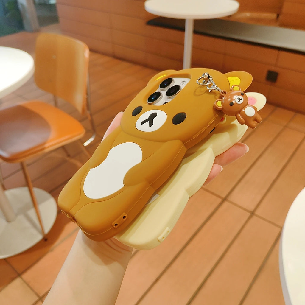 For iPhone 17 16 15 14 13 12 11 Pro Max SE 6 7 8 Plus Kawaii Rilakkuma Keyrings Silicone Soft Cover Doll Keychains Phone Case