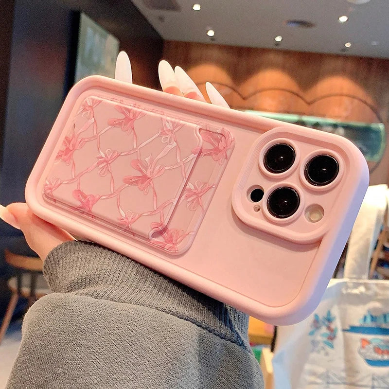 Pink Bow Pattern Card Slot Pocket Phone Case For iPhone 17 Pro Max 16 15 14 13 12 11 Pro 7 8 Plus X XS Shockproof Silicone Cover