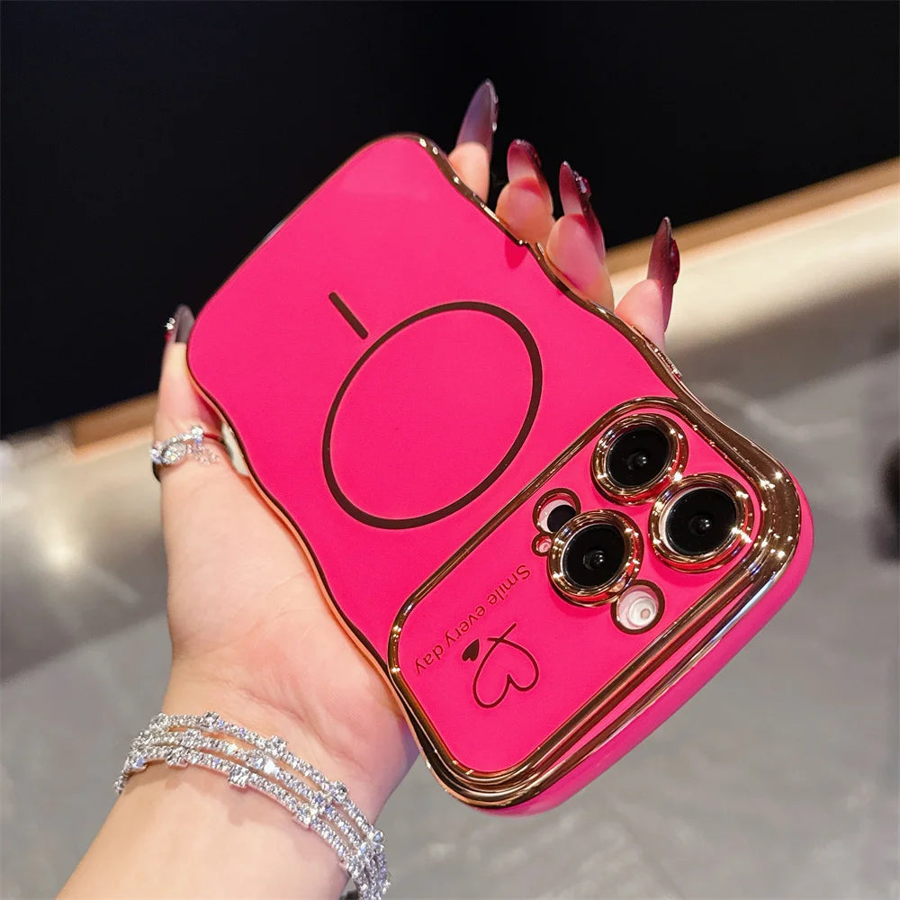 Wave Love Heart Electroplating For Magsafe Case For iPhone 11 12 13 14 15 16 17 Pro Max Air Plus Magnetic Wirelesss Charge Cover