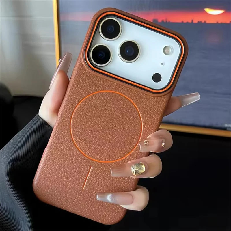 Leather Skin Texture For Magsafe Case For iPhone 17 Air 16 13 12 11 14 15 Pro Max Plus Magnetic Matte Plain Shockproof Cover