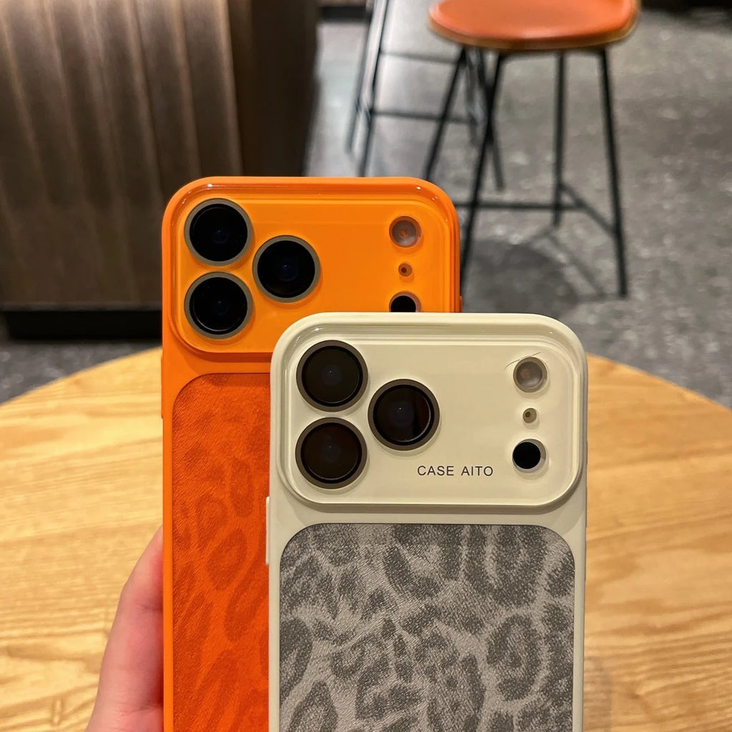 Matte PU Leather Leopard Print Phone Case For iPhone 17 16 15 14 Pro Max 13 Shockproof Bumper Large Window Fashion NonSlip Cover
