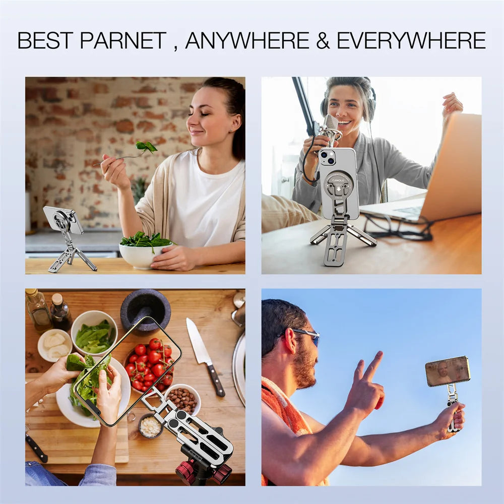 Foldable Magnetic Selfie Stick Tripod w Arca Plate 1/4-20 Cold Shoe Desktop Phone Tripod Mount for Magsafe Iphone 15 14 Samsung