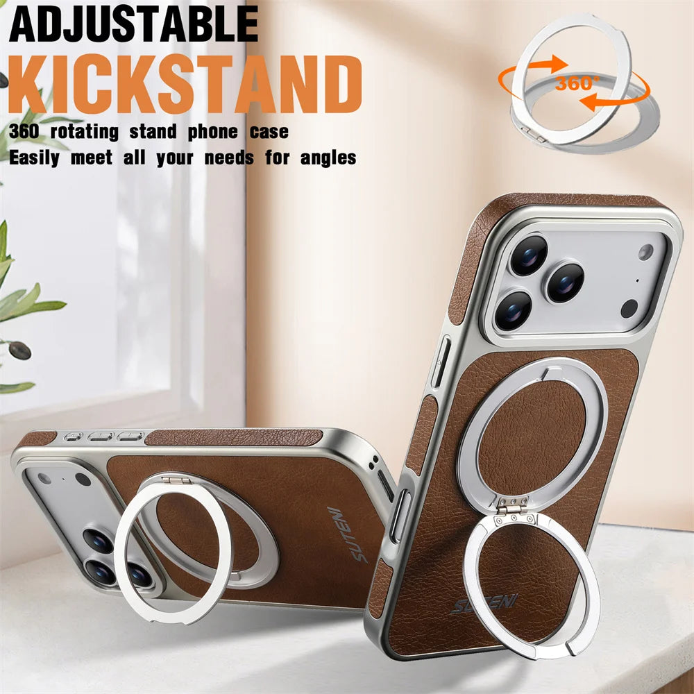 Rotating Magnet Ring Fold Stand Leather Magnetic Phone Case For Apple iPhone 17 16 15 14 13 Pro Max Silver Plating Armor Cover