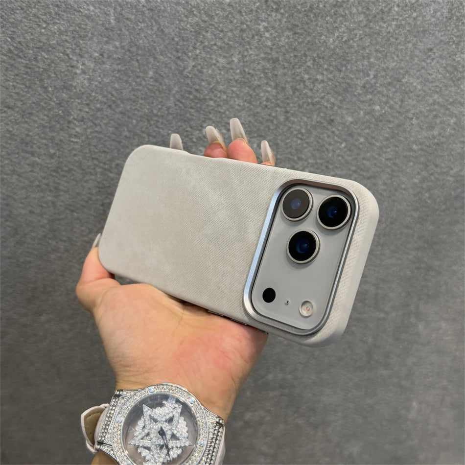 Luxury Alloy Len Frame Fiber Leather Magnetic Case For iPhone 17 16 Pro Max 15 14 13 12 For Magsafe Retro Shockproof Cover Funda