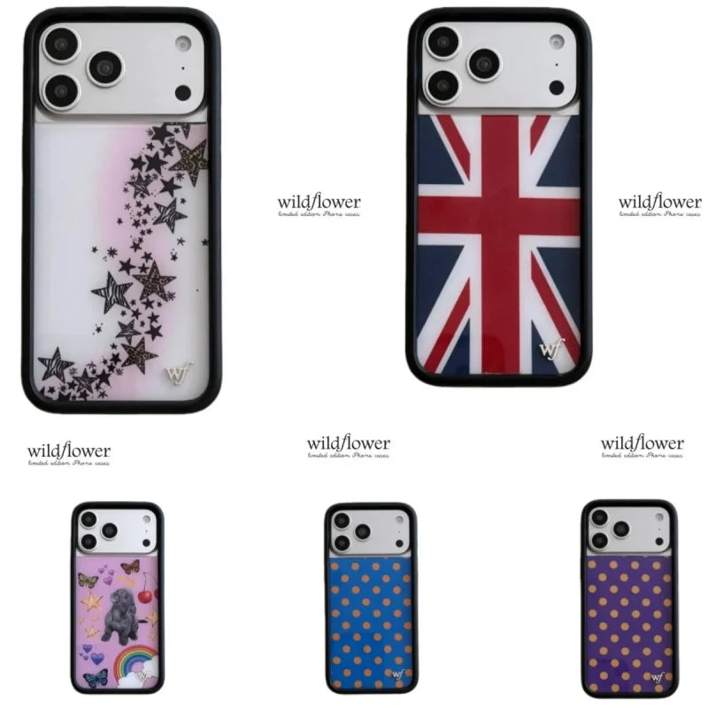 Wildflower Stars Fang Union Jack Phone Case for iPhone 12 13 14 15 16 17 Pro Max Plus Air wf INS Puppy Polka Dot Back Cover﻿﻿﻿﻿﻿